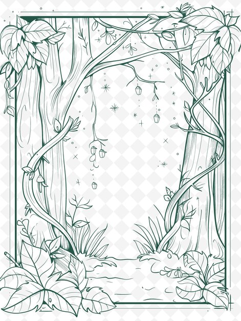 PSD png enchanted postcard design mit einem magischen waldrahmen stil umrisse kunst scribble dekorativ