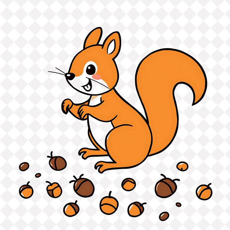 PSD png energetic squirrel with acorn shapes scattered like a forest floor cozy a cute animal design