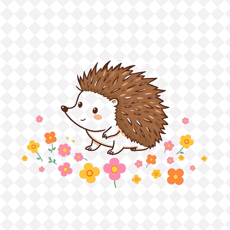 PSD png energético erizo con formas de flores esparcidas como un prado encantador pasado diseño de animales lindos