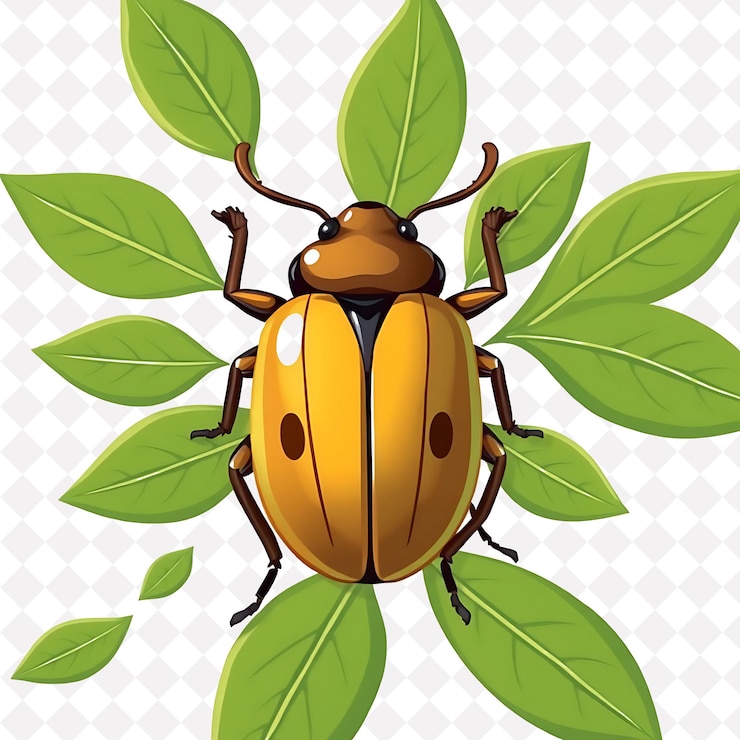 PSD png escarabajo animado con formas de hojas dispuestas como un bosque de tierra y verde cu diseño animal lindo