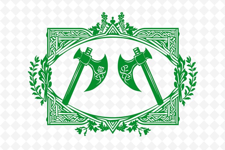 PSD png escudo vikingo arte de marco con hachas y runas nórdicas decoración ilustración arte de marco decorativo