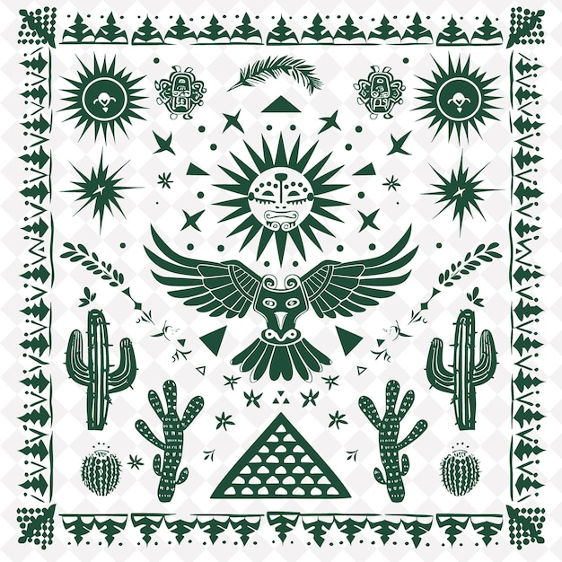 PSD png estampa tribal azteca com símbolos do sol e guerreiros águia para d decorativo de quadro único tradicional