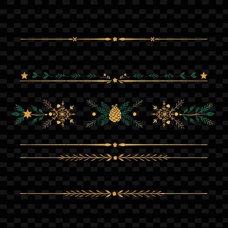 PSD png estrellas hombres de nieve y conos de pino brillando de oro con ilustraciones verdes del bosque deviders seti