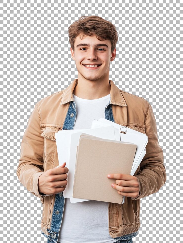 PSD png de un estudiante varón sonriente sosteniendo documentos contra un fondo transparente perfecto para contenido educativo o académico relacionado
