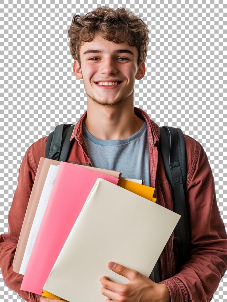PSD png de un estudiante varón sonriente sosteniendo documentos contra un fondo transparente perfecto para contenido educativo o académico relacionado