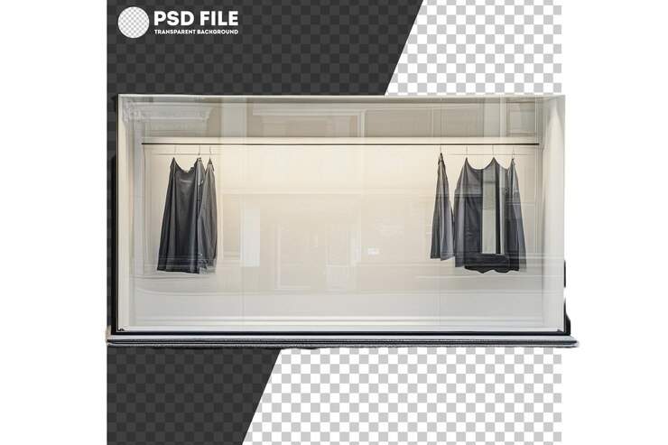 PSD png exhibición de prendas de vestir negras colgando en una ventana de una tienda moderna durante el día