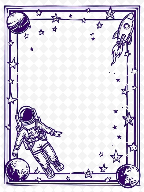 PSD png exploração espacial frame art com astronauta e rocket decora ilustração frame art decorative