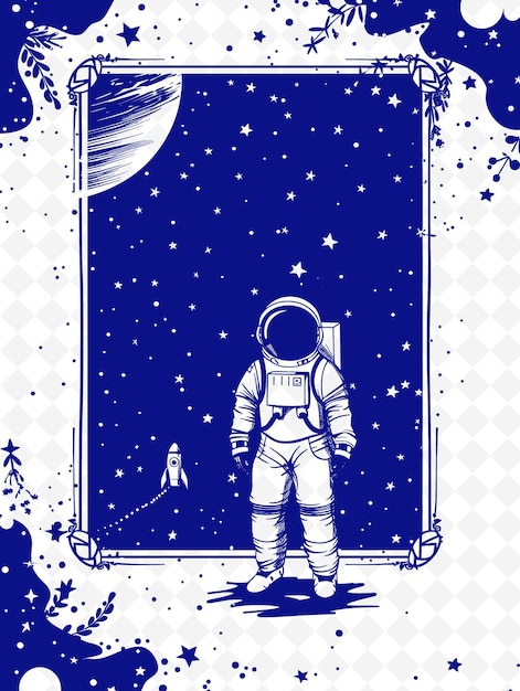 Png exploração espacial frame art com astronauta e rocket decora ilustração frame art decorative