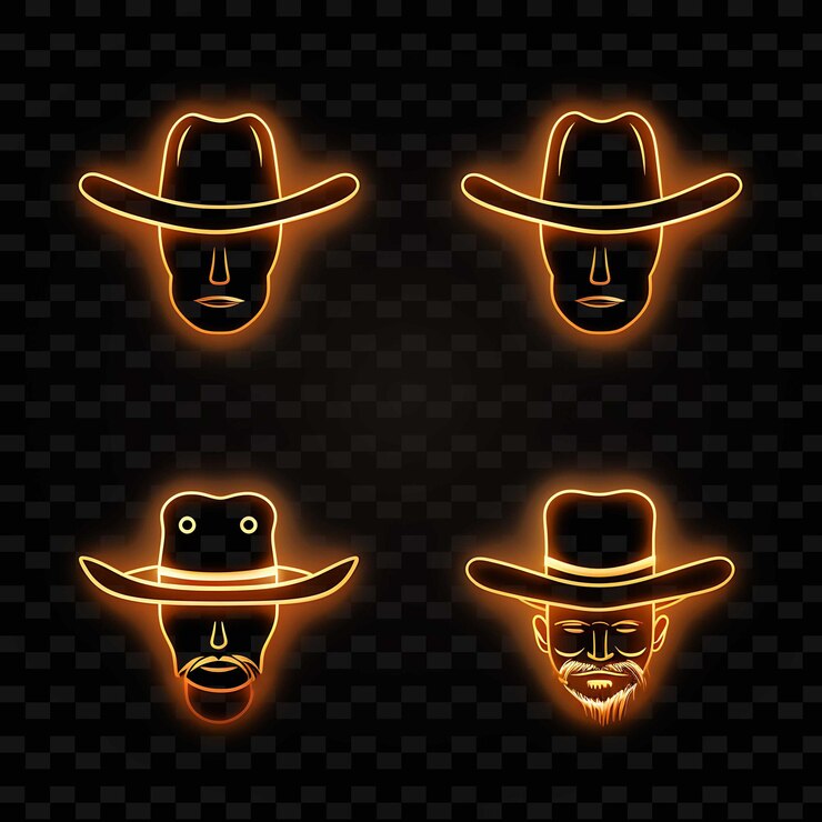 PSD png face con icono de sombrero de vaquero emoji con salvaje aventurero y nosotros líneas de neón y2k forma llamativa