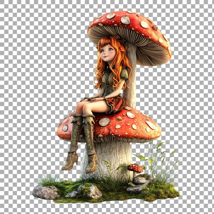 PSD png fantasy girl on a mushroom contra um fundo transparente
