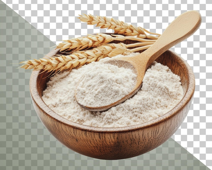 PSD png farina fresca macinata e steli di grano in una ciotola