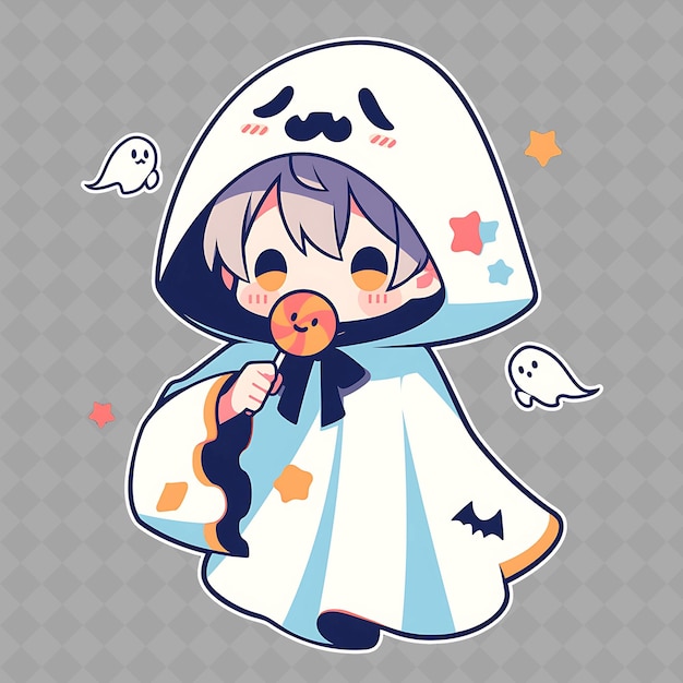 PSD png fascinant et kawaii anime ghost boy avec une feuille de fantôme et une collection créative d'autocollants chibi