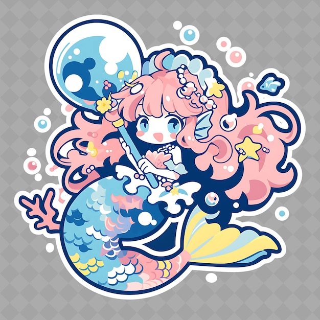 Png fascinante e kawaii anime fish girl com uma varinha de bolha wi creative chibi sticker collection