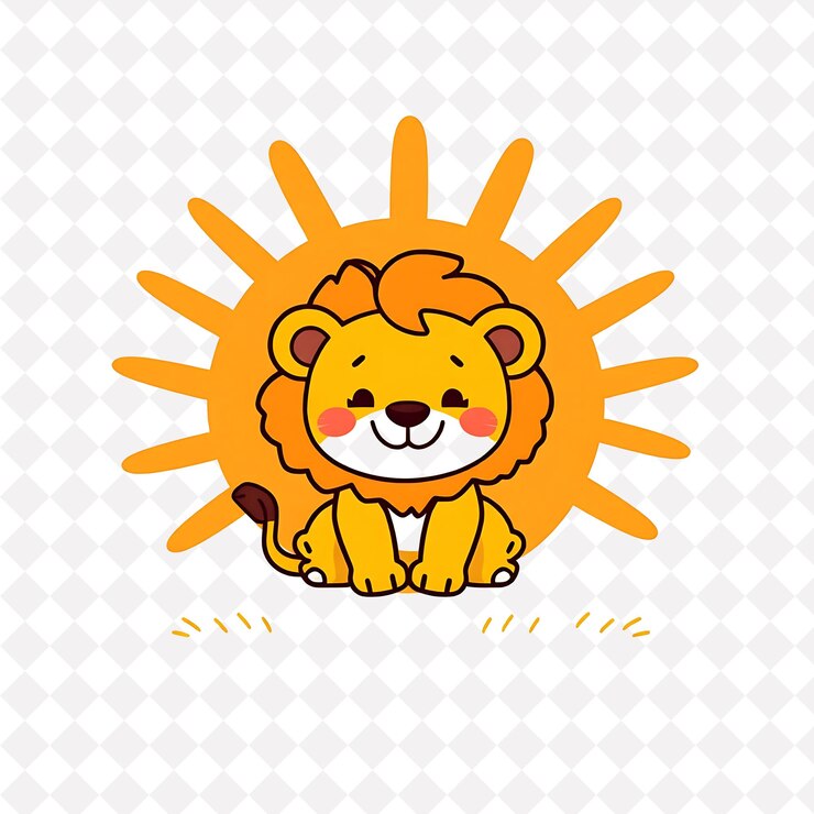 PSD png feliz león cachorro con rayos de sol extendidos cálido atardecer diseño de color lindo obj diseño de animal lindo