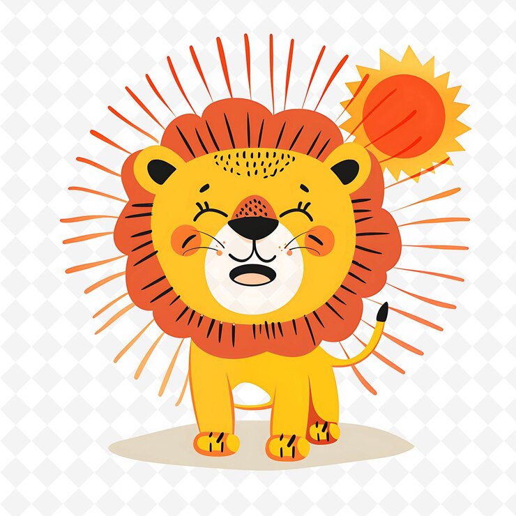 PSD png feliz león cachorro con rayos de sol extendidos cálido atardecer lindo cuello plano ilustración personaje lindo