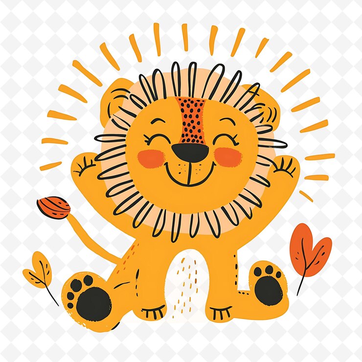 PSD png feliz león cachorro con rayos de sol extendidos cálido atardecer lindo cuello plano ilustración personaje lindo