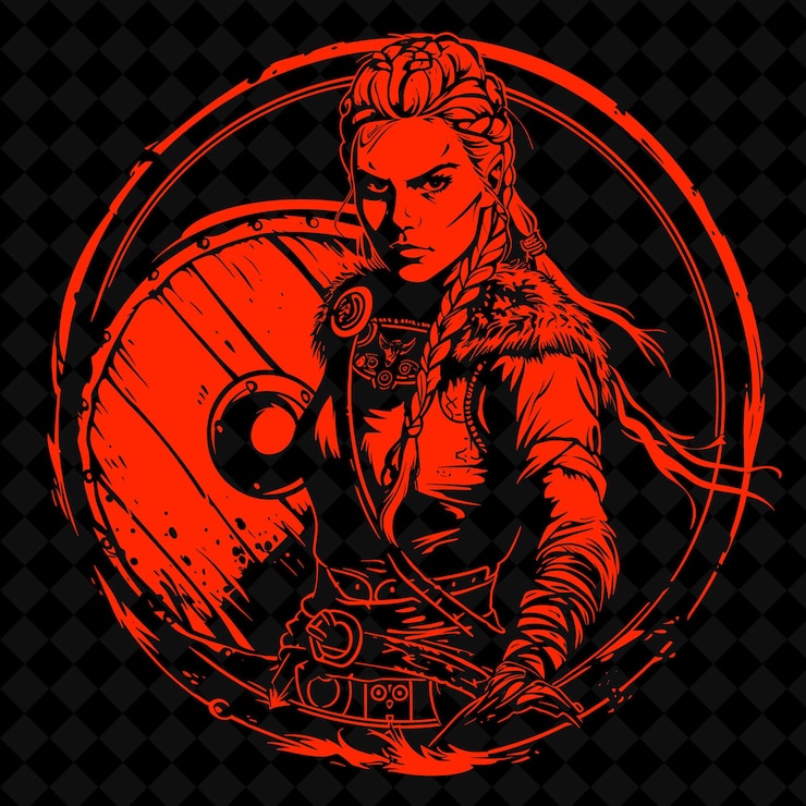 PSD png femme escorte viking avec un bouclier rond avec une forme de personnage de guerrier médiéval déterminée