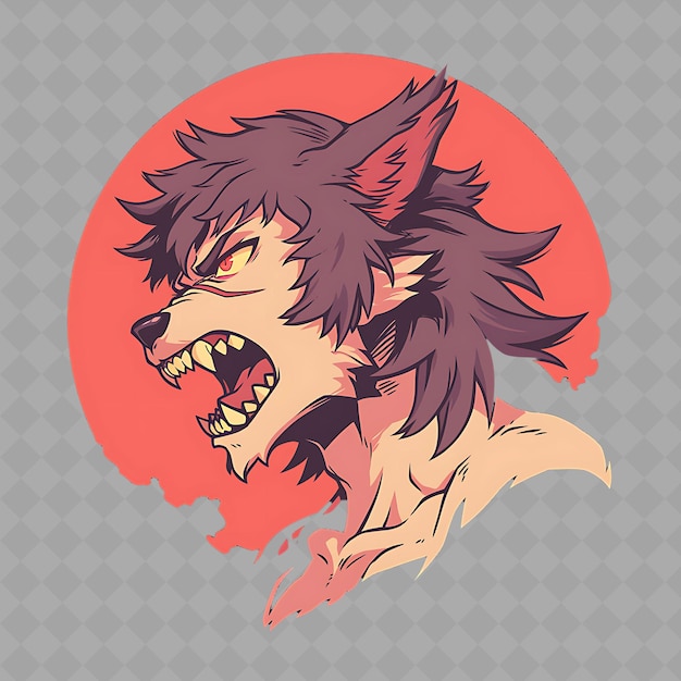 PSD png feroce e indomável anime wolf boy com dentes afiados e uma coleção criativa de adesivos chibi