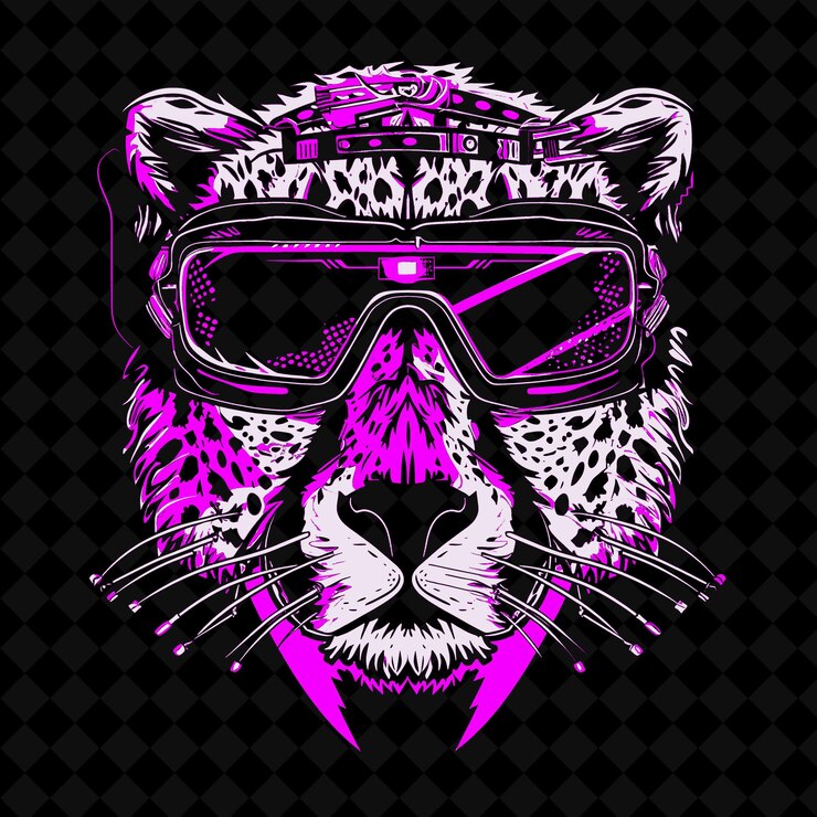 PSD png ferocious cheetah face com óculos laser futuristas e coleções de esboços de mascotes de animais de guerra