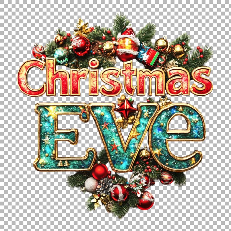 PSD png de una festiva víspera de navidad contra un fondo transparente collage capturando el espíritu navideño con tipografía audaz y elementos estacionales