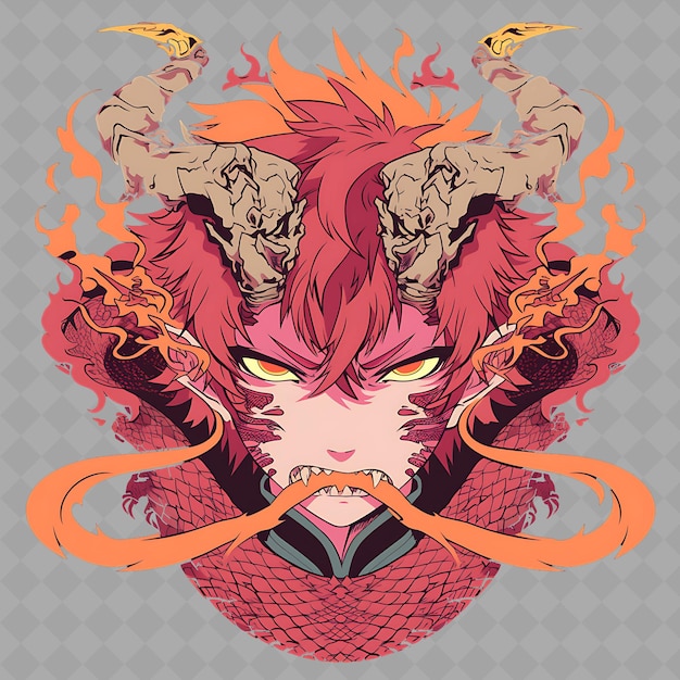 PSD png fiery et passionné anime dragon boy avec des cornes et des écailles collection d'autocollants chibi créatif