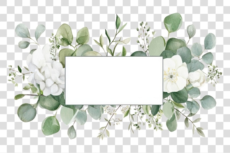 PSD png fiori nuziali bianchi e verdi su cornice rettangolare invisibile illustrazione foglie acquerello