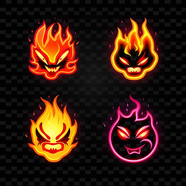 Png fire flame face icon emoji mit feurigen, entschlossenen, heftigen und neonlinien y2k form auffällig