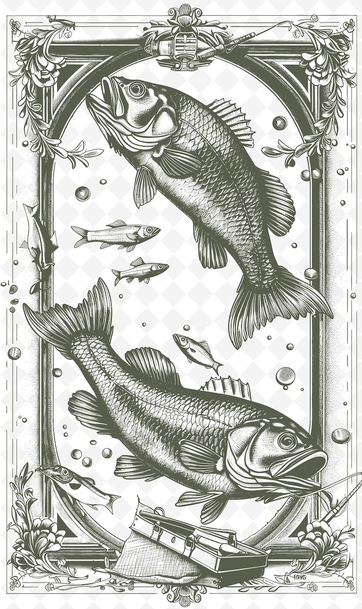 PSD png fishing postcard design with rustic frame style design decor outline arts scribble decorative
