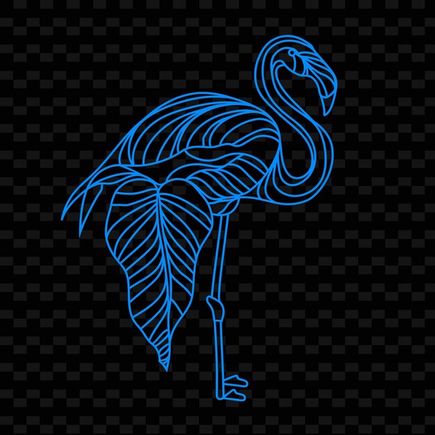 PSD png flamingo contour avec des veines de feuilles tropicales et simplifier le dessin contour d'animaux et de feuilles tropiques