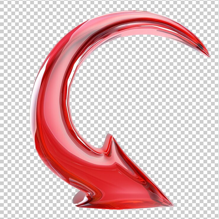 PSD png flecha curva vermelha brilhante apontando para baixo
