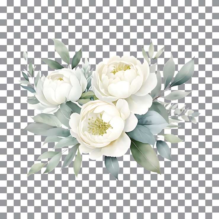 PSD png fleurs blanches élégantes avec des feuilles vertes aquarelle illustration florale sur fond transparent
