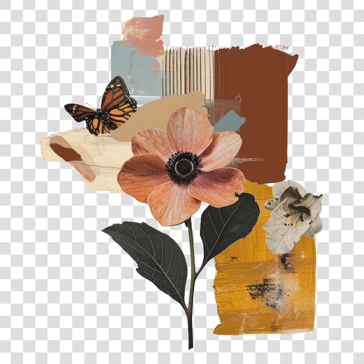 PSD png flor y mariposa una planta de pintura de collage de pincel de tono de tierra