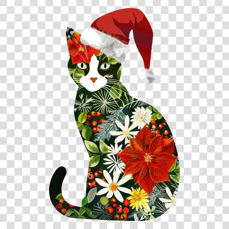 PSD png flower collage gato con sombrero de papá noel patrón de ilustración de navidad