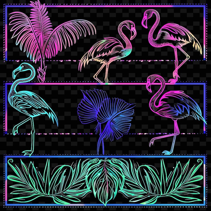 PSD png foglie di palma tropicali borderlines design con motivi di flamingoillustrazione abstract collezioni