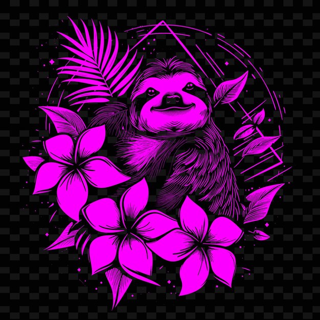 PSD png frangipani avec silhouette de paresseux et conception géométrique avec contour m animal et feuille tropicale