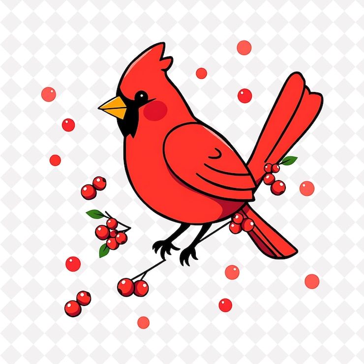 PSD png fröhlicher kardinal mit zufällig verstreuten beerenformen lebendig und festlich süßes tierdesign