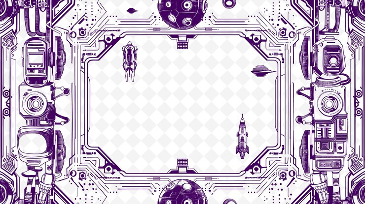 PSD png futuristic frame art with robot and spaceship decorations bo illustration frame art decorative