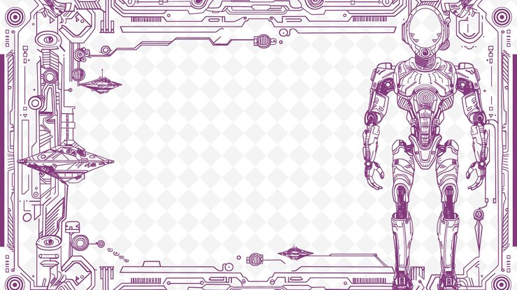 PSD png futuristic frame art with robot and spaceship decorations bo illustration frame art decorative