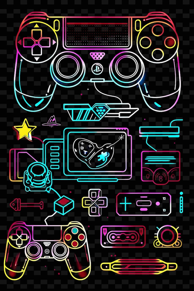 PSD png gaming tape decal con elementi di gioco accentuati al neon e ic creative neon y2k shape decorativeo