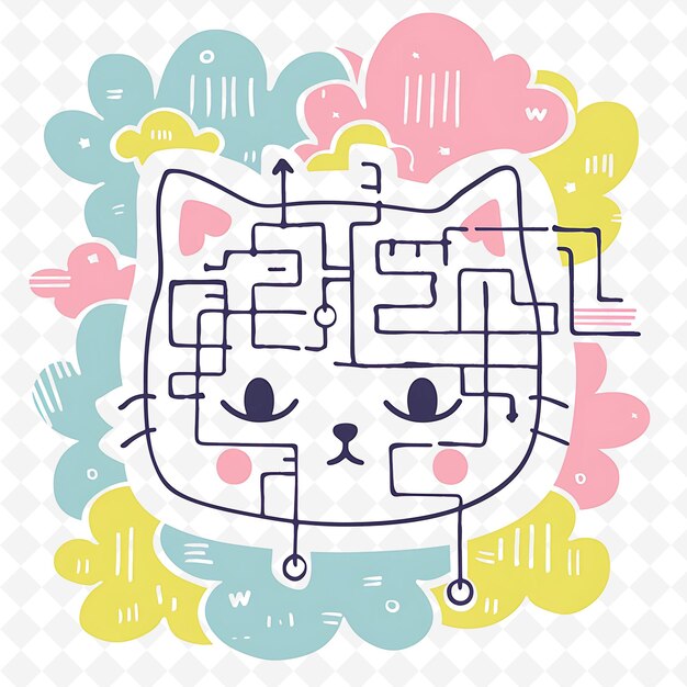 Png gatito juguetón con formas de nubes dispuestas como un laberinto ilustración plana dulce personaje lindo