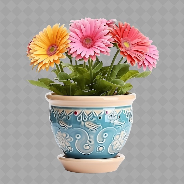 PSD png gerbera daisy plant en una olla de cerámica con diseño de cerámica en el árbol interior en un fondo limpio