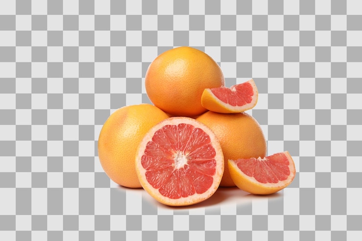 PSD png geschnittene und ganze reife grapefruits, isoliert auf weißem hintergrund