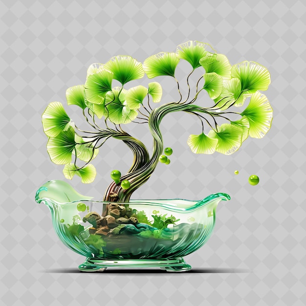 PSD png ginkgo bonsai árvore de vaso de vidro em forma de vento leaves artistic conc transparente decoração de árvores diversas