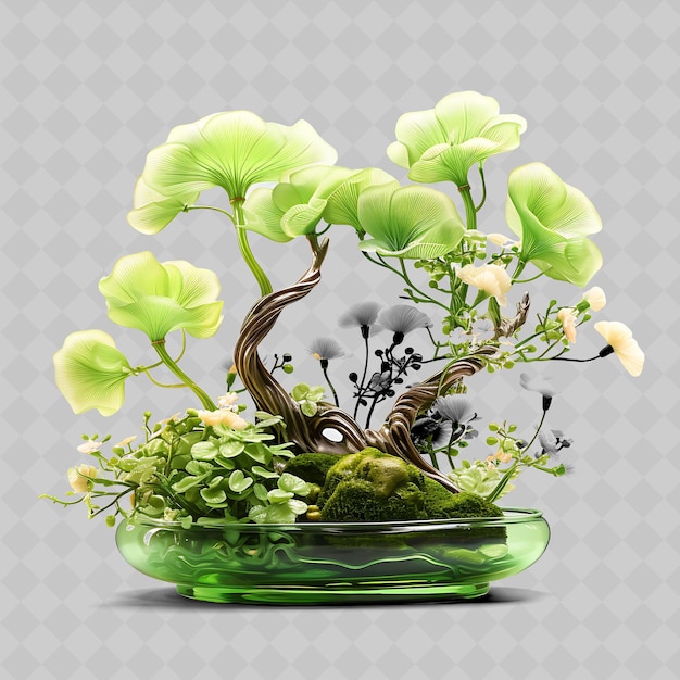 PSD png ginkgo bonsai árvore de vidro em forma de panela folhas pacíficas transparentes decorações de árvores diversas
