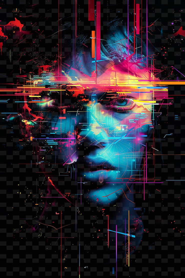 PSD png glitch art porträt mit verzerrten gesichtszügen farbige illustration textur hintergrund
