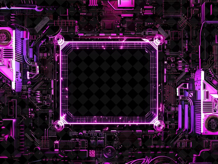 PSD png glitchy error frame encasing bytecoin con binary glitches una forma de neón y2k en un fondo oscuro