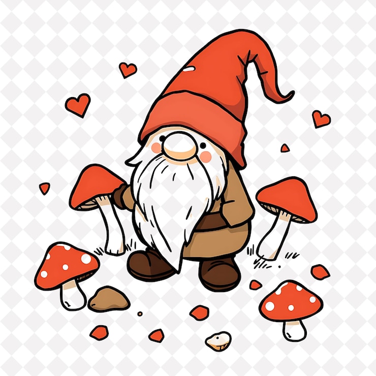 PSD png gnome avventuroso con forme di funghi sparse intorno a terrestri e rustici disegni animali carini