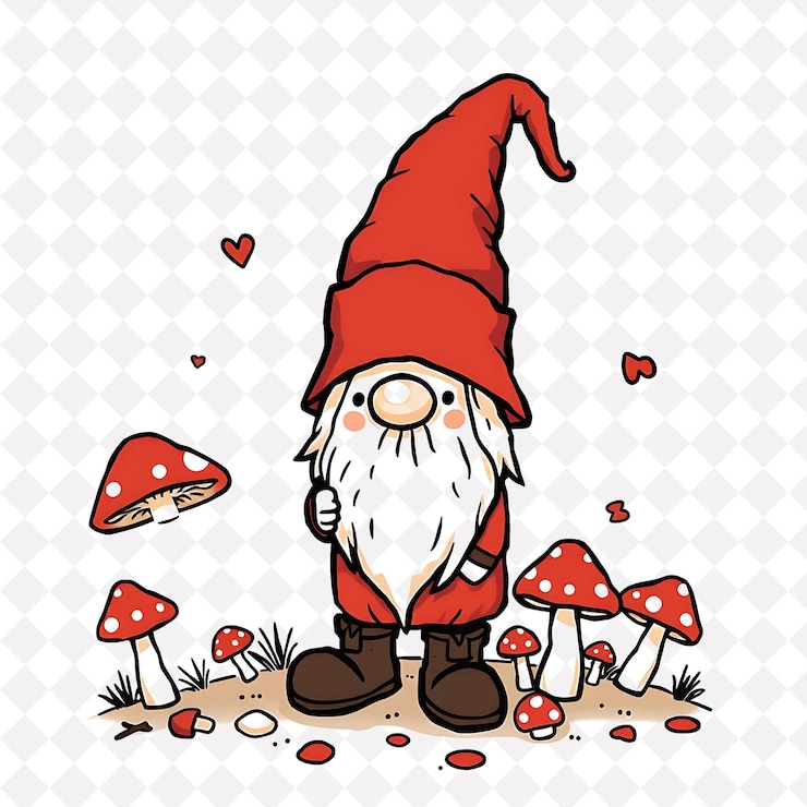 PSD png gnome avventuroso con forme di funghi sparse intorno a terrestri e rustici disegni animali carini
