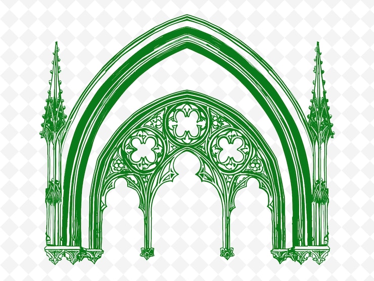 PSD png gothic cathedral frame art with flying buttresses and rose w illustration frame art decorative