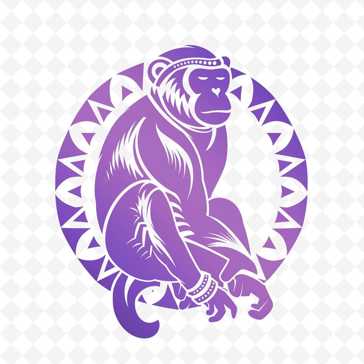 PSD png granadilla viola con silhouette di scimmia cappuccino e contorno minima lascia animale e tropicale
